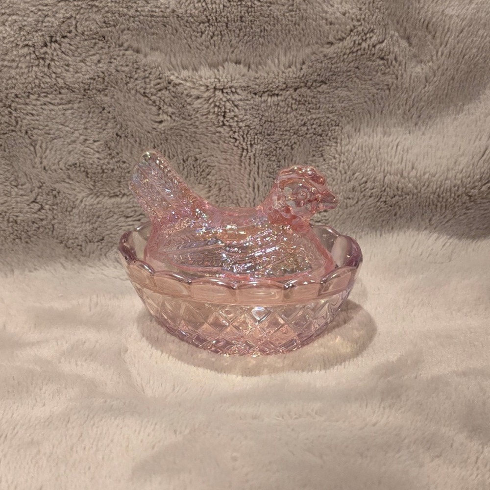 Pink Iridescent Carnival Glass Hen on Nest 2.75" Mini Trinket Dish Salt Cellar
